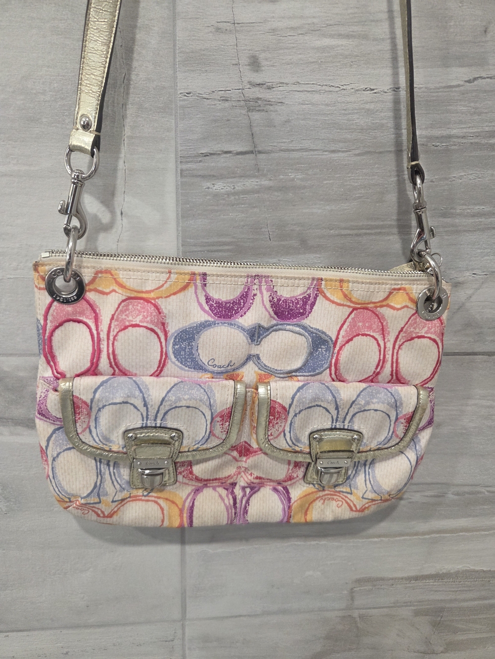 Coach Poppy Dream C Scribble Crossbody Bag Multicolor Metallic Trim Double Pocke